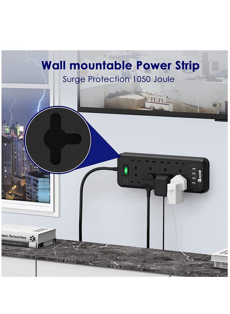 BXOE Surge Protected Extension cord Lead with USB Slots, 8 Way Plug Extension with 4 USB, Black Multi Plug Power Strip 3M Extension Cable, 1050J, 3250W/13A Power Socket Extension Cord for Home Office - Image 4