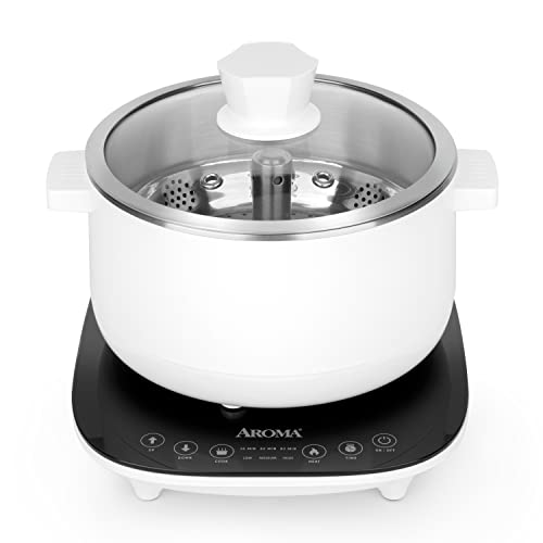 Aroma Housewares 2.5-Liter Smart Electric Hot Pot & Rapid Boil Steamer with Automatic Stainless Steel Steamer Basket Lift, White, ASP-700 - Image 1