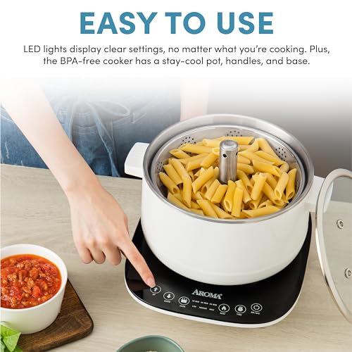 Aroma Housewares 2.5-Liter Smart Electric Hot Pot & Rapid Boil Steamer with Automatic Stainless Steel Steamer Basket Lift, White, ASP-700 - Image 5
