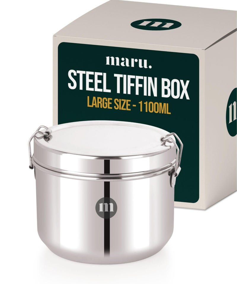 MARU Steel Tiffin Box for School/Office 1100ml, Airtight Lunch Containers with Compartments & Small Partiton Plate, Easy to Carry & Clean, Perfect for Men, Women & Kids for Daily Use & Multipurpose - Image 1