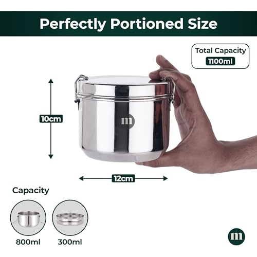 MARU Steel Tiffin Box for School/Office 1100ml, Airtight Lunch Containers with Compartments & Small Partiton Plate, Easy to Carry & Clean, Perfect for Men, Women & Kids for Daily Use & Multipurpose - Image 2