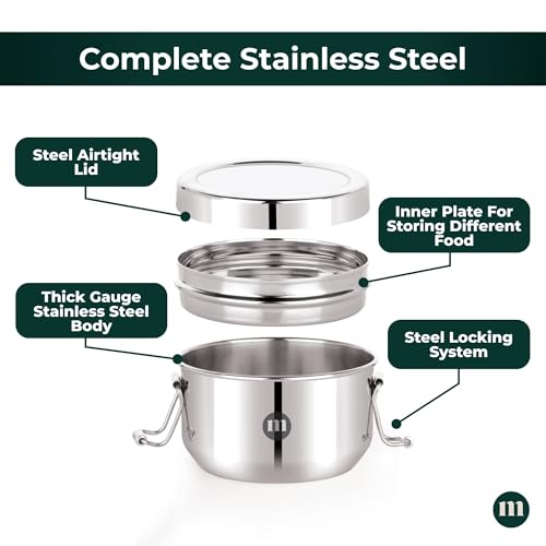 MARU Steel Tiffin Box for School/Office 1100ml, Airtight Lunch Containers with Compartments & Small Partiton Plate, Easy to Carry & Clean, Perfect for Men, Women & Kids for Daily Use & Multipurpose - Image 3
