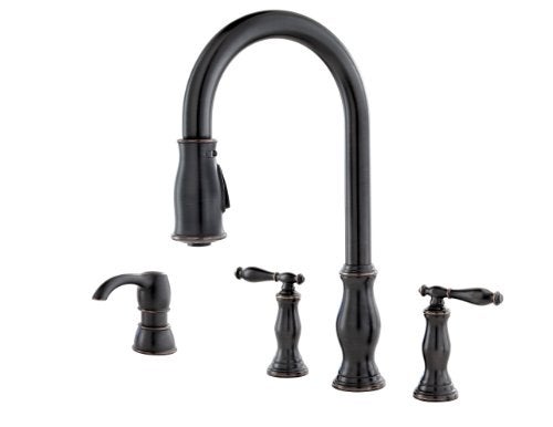 Pfister Hanover Kitchen Faucet with Pull Down Sprayer and Soap Dispenser, 2-Handle, 4-Hole, High Arc, Tuscan Bronze Finish, F5314HNY - Image 1