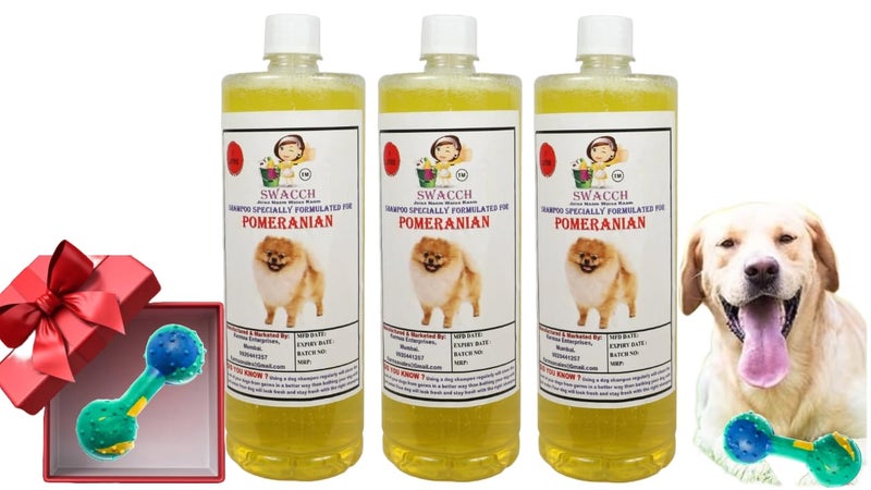 swacch Pomeranian Dog Shampoo + Dumbbell Toy I Durable Rubber Dog Toy for Chewing I Playing,Teeth Cleaning & Training Toy I Combo Pack I 1 Litre Pack of 3 Lemon - Image 1