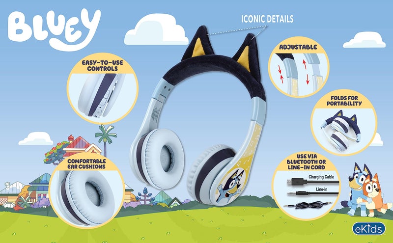 eKids Bluey Bluetooth Headphones for Kids, Wireless Headphones with Microphone Includes Aux Cord, Volume Reduced Kids Foldable Earphones for School, Home, or Travel - Image 3