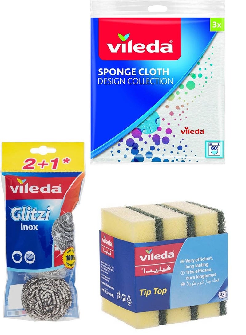 Vileda A set of Vileda cleaning tools, 3 absorbent sponges from the Design Collection, 3 stainless steel scourers and 3 tip top sponges - Image 1