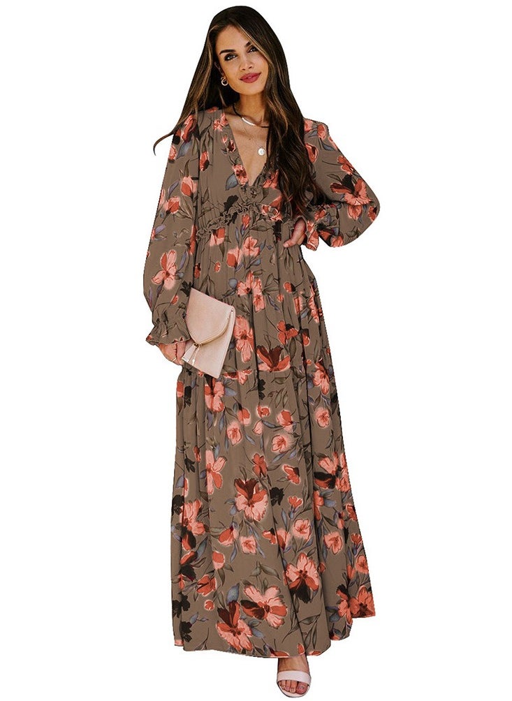 Loquat Thin Gauze Floral Long Sleeved Dress 
