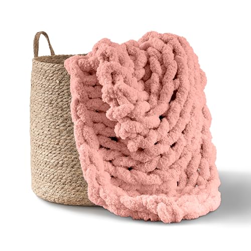 Adyrescia Chunky Knit Blanket Throw | 100% Hand Knit with Jumbo Chenille Yarn (50"x60", Seashell Pink) - Image 1