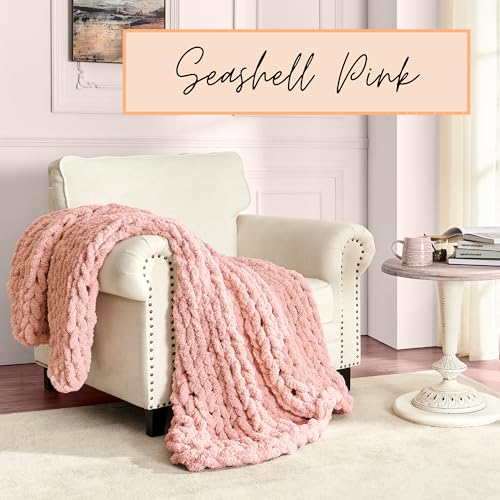Adyrescia Chunky Knit Blanket Throw | 100% Hand Knit with Jumbo Chenille Yarn (50"x60", Seashell Pink) - Image 2
