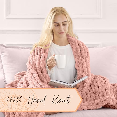 Adyrescia Chunky Knit Blanket Throw | 100% Hand Knit with Jumbo Chenille Yarn (50"x60", Seashell Pink) - Image 3