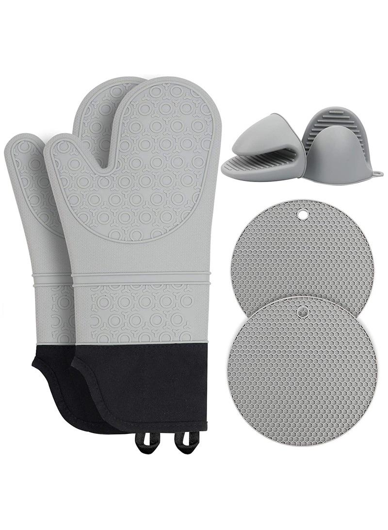 XiuWoo Silicone Oven Mitts and Pot Holders Set, Heat Resistant Mittens with Mini Gloves Hot Pads, for Kitchen Baking Cooking, Quilted Liner, Black,Pack of 6  - Image 1