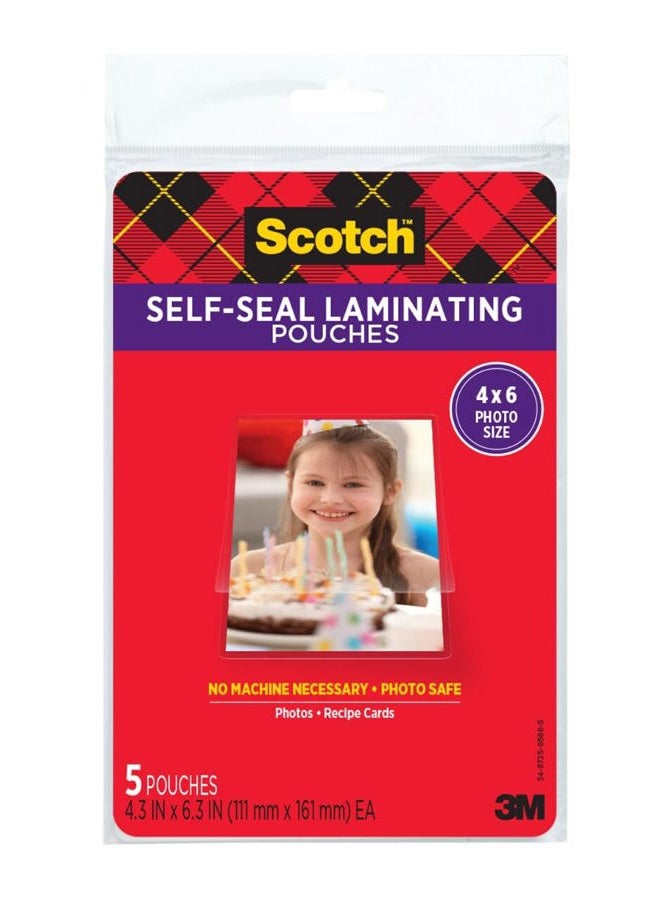 Scotch PL900G Self-Sealing Laminating Pouches, 9.5 mil, 4 3/8 x 6 3/8, Photo Size, 5/Pack - Image 1