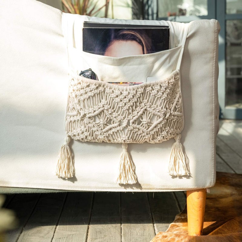 Mkono Macrame Sofa Armrest Organizer Remote Control Holder Couch Bedside Armchair Caddy Storage Basket Bag for TV Remote Control, Magazine, Books, Cell Phone, iPad, Boho Home Dorm Decor, Beige - Image 1