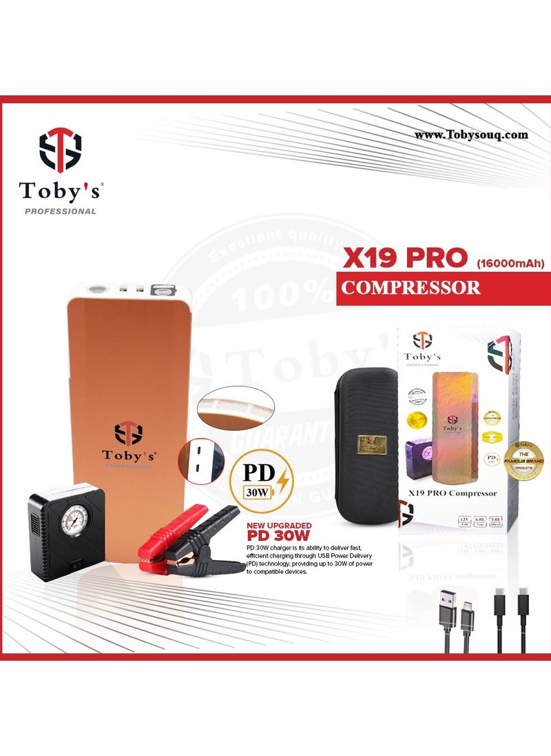 Toby's Toby's X19 PRO Jump Starter With Compressor For Cars 16000mAh And 59.2WH Power with PD 30W Power Bank For Electronic Devices 