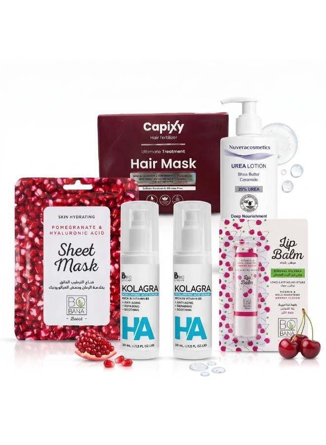 6-Piece Ultimate Beauty Bundle: 2x Kolagra HA Serums, Capixy Hair Mask, Nuvera Urea Lotion, Bobana Lip Balm & Sheet Mask - Image 1