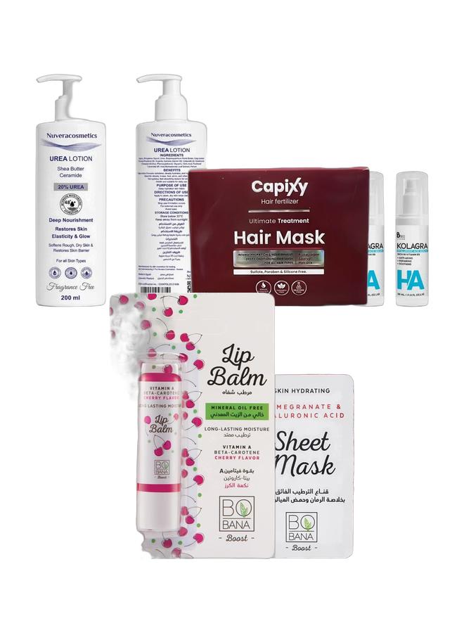 6-Piece Ultimate Beauty Bundle: 2x Kolagra HA Serums, Capixy Hair Mask, Nuvera Urea Lotion, Bobana Lip Balm & Sheet Mask - Image 2