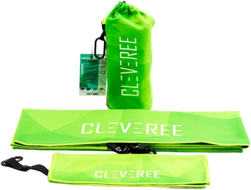 CLEVEREE Beach and Gym Towel for Men Women - Microfiber Swimming Pool Towel - Fast-Drying With Carry Bag - Extra Large 150x90 cm and 50x25 cm (Green Neon) - Image 1