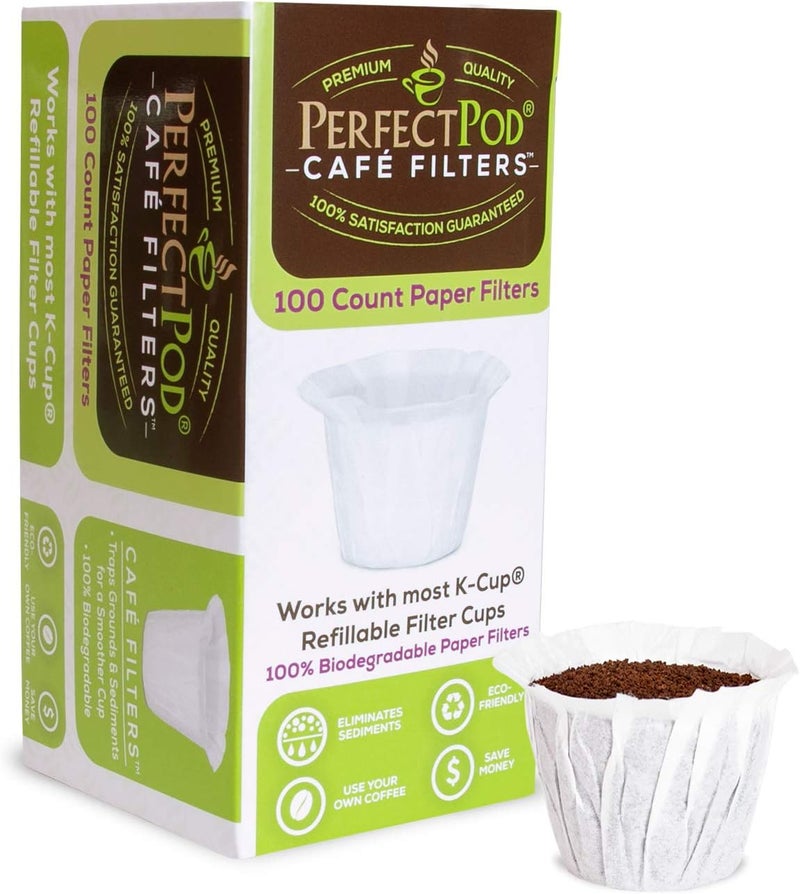 Perfect Pod Cafe Filters Paper Liners for Reusable K Cup Coffee Pods by - Fits All Brands, Compatible With All Refillable Capsules - Disposable Paper Filters (100-Ct) - Image 1