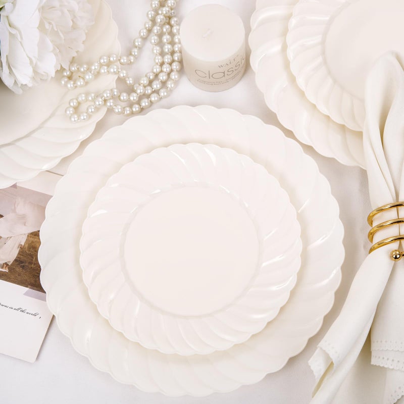 U-QE 100 Piece Ivory Scalloped Plastic Plates for Party - Plastic Plates Disposable Heavy Duty - High End Disposable Plates for Party Including 50PCS 9'' & 50PCS 6.5'' - Image 4