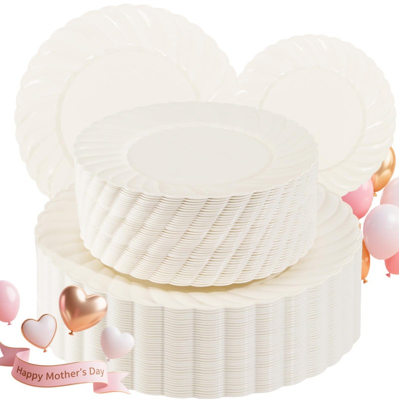 U-QE 100 Piece Ivory Scalloped Plastic Plates for Party - Plastic Plates Disposable Heavy Duty - High End Disposable Plates for Party Including 50PCS 9'' & 50PCS 6.5'' - Image 1