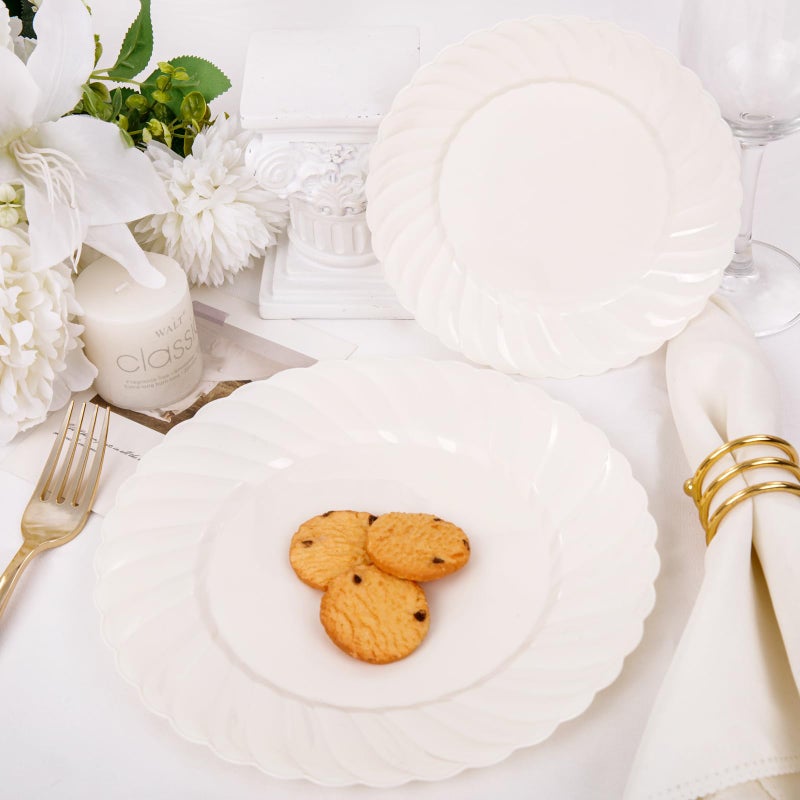 U-QE 100 Piece Ivory Scalloped Plastic Plates for Party - Plastic Plates Disposable Heavy Duty - High End Disposable Plates for Party Including 50PCS 9'' & 50PCS 6.5'' - Image 5