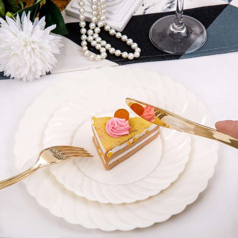 U-QE 100 Piece Ivory Scalloped Plastic Plates for Party - Plastic Plates Disposable Heavy Duty - High End Disposable Plates for Party Including 50PCS 9'' & 50PCS 6.5'' - Image 3