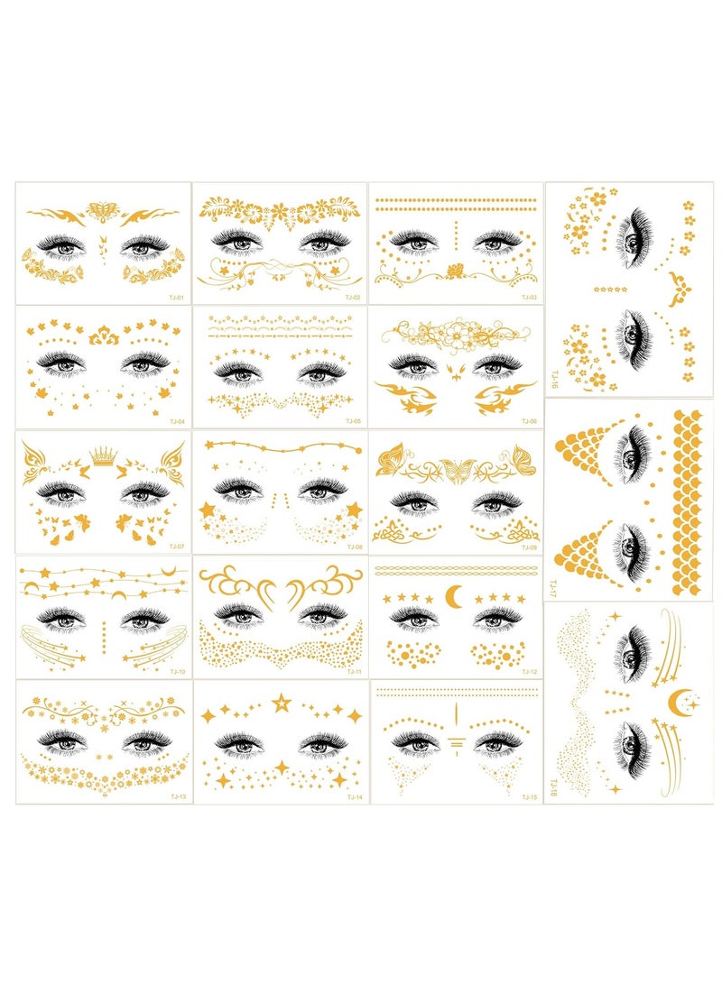 قوس قزح أورينبو 18 ورقة وشم ذهبية للوجه للنساء والفتيات والأطفال، ملصقات لامعة للوجه على شكل عين، جواهر، قمر، أحجار كريمة، نقاط، فراشة، نجمة، نمش مزيف، وشم مؤقت معدني، حفلات تنكرية للبالغين - Image 1