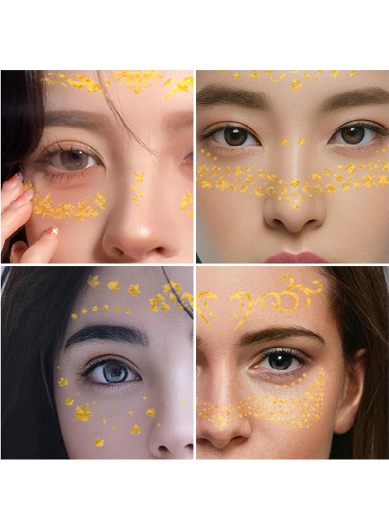 قوس قزح أورينبو 18 ورقة وشم ذهبية للوجه للنساء والفتيات والأطفال، ملصقات لامعة للوجه على شكل عين، جواهر، قمر، أحجار كريمة، نقاط، فراشة، نجمة، نمش مزيف، وشم مؤقت معدني، حفلات تنكرية للبالغين - Image 3