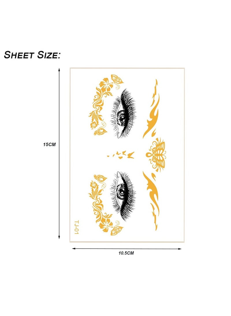 قوس قزح أورينبو 18 ورقة وشم ذهبية للوجه للنساء والفتيات والأطفال، ملصقات لامعة للوجه على شكل عين، جواهر، قمر، أحجار كريمة، نقاط، فراشة، نجمة، نمش مزيف، وشم مؤقت معدني، حفلات تنكرية للبالغين - Image 4