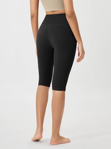 ODODOS Women's Knee Length High Waisted Yoga Capri Leggings with Pockets, Workout Running Sports Athletic Yoga Capris, Black, X-Large - Image 3