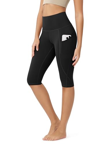 ODODOS Women's Knee Length High Waisted Yoga Capri Leggings with Pockets, Workout Running Sports Athletic Yoga Capris, Black, X-Large - Image 1