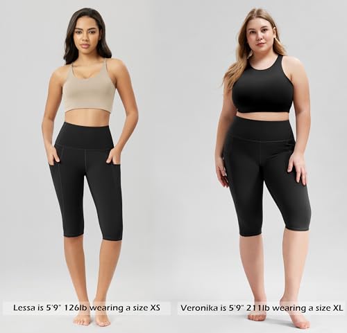 ODODOS Women's Knee Length High Waisted Yoga Capri Leggings with Pockets, Workout Running Sports Athletic Yoga Capris, Black, X-Large - Image 2
