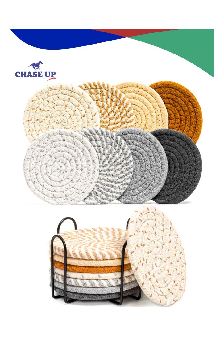 Chase Up 8 Pcs Drink Coasters with Holder, 8 Colors Absorbent Coasters for Drinks Minimalist Cup Coasters Cotton Coaster Set Woven Coasters for Coffee Table Home Decor Bar Housewarming Gift, 4.3 Inch - Image 1