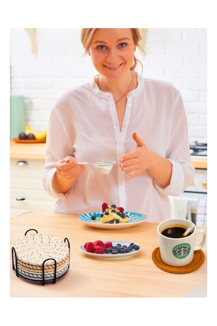 Chase Up 8 Pcs Drink Coasters with Holder, 8 Colors Absorbent Coasters for Drinks Minimalist Cup Coasters Cotton Coaster Set Woven Coasters for Coffee Table Home Decor Bar Housewarming Gift, 4.3 Inch - Image 3