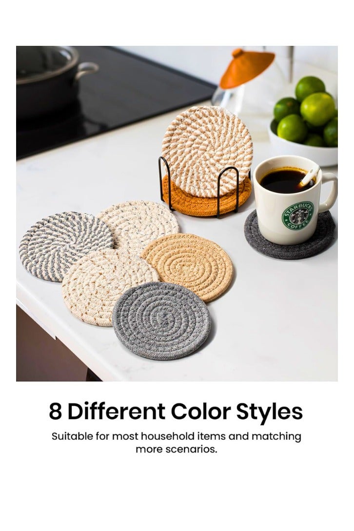 Chase Up 8 Pcs Drink Coasters with Holder, 8 Colors Absorbent Coasters for Drinks Minimalist Cup Coasters Cotton Coaster Set Woven Coasters for Coffee Table Home Decor Bar Housewarming Gift, 4.3 Inch - Image 2
