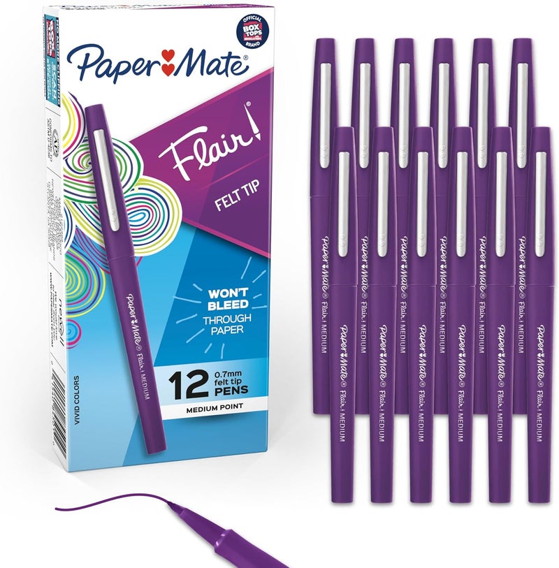 Papermate Flair Felt Tip Pens, Medium Point (0.7mm), Vivid Purple, 12 Count - For Teachers, Students, Classroom Use, Note-Taking, Arts & Crafts - Image 1