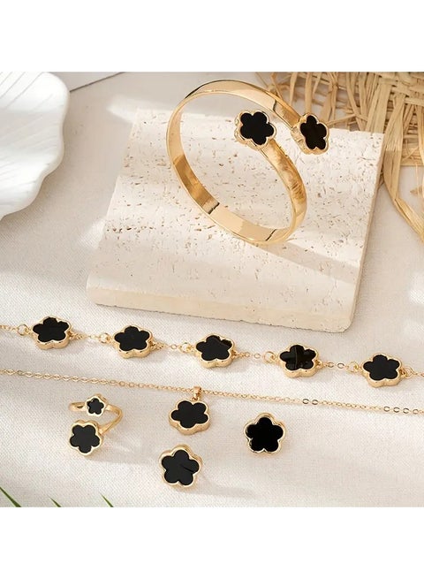 1 Pair Stud Earrings +1 Pc Necklace +1 Pc Bracelet +1 Pc Bangle +1 Pc Ring With Lucky Flower Design Alloy Jewelry Set Trendy Female Gift