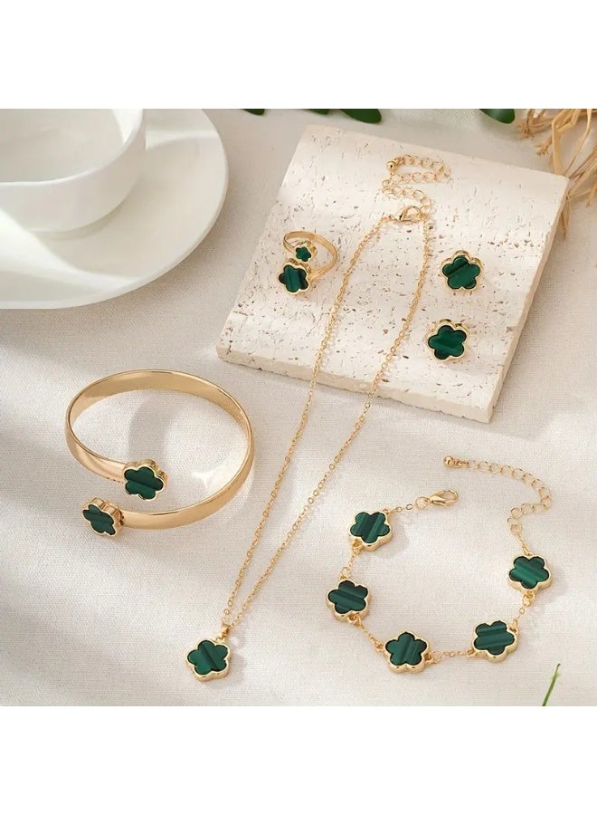Goolsky 1 Pair Stud Earrings +1 Pc Necklace +1 Pc Bracelet +1 Pc Bangle +1 Pc Ring With Lucky Flower Design Alloy Jewelry Set Trendy Female Gift - Image 2