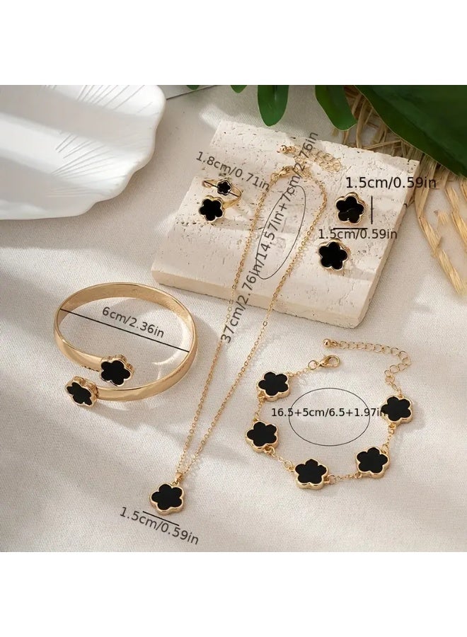 Goolsky 1 Pair Stud Earrings +1 Pc Necklace +1 Pc Bracelet +1 Pc Bangle +1 Pc Ring With Lucky Flower Design Alloy Jewelry Set Trendy Female Gift - Image 5