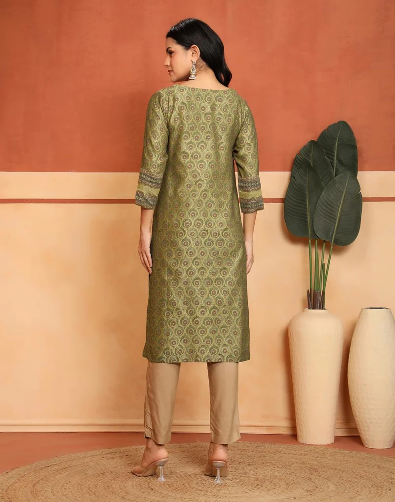 Fabindia  Green Cotton Silk Hand Block Printed Long Kurta for Women | Best Price UAE