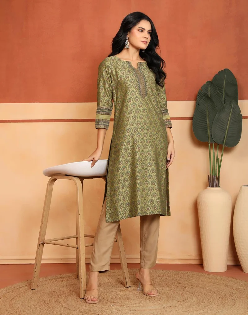Green Cotton Silk Hand Block Printed Long Kurta