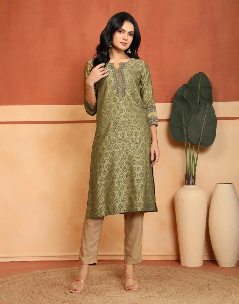 Fabindia  Green Cotton Silk Hand Block Printed Long Kurta for Women | Best Price UAE