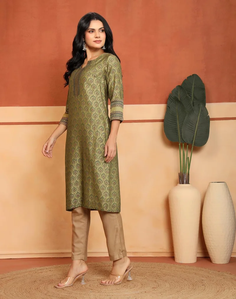Fabindia  Green Cotton Silk Hand Block Printed Long Kurta for Women | Best Price UAE