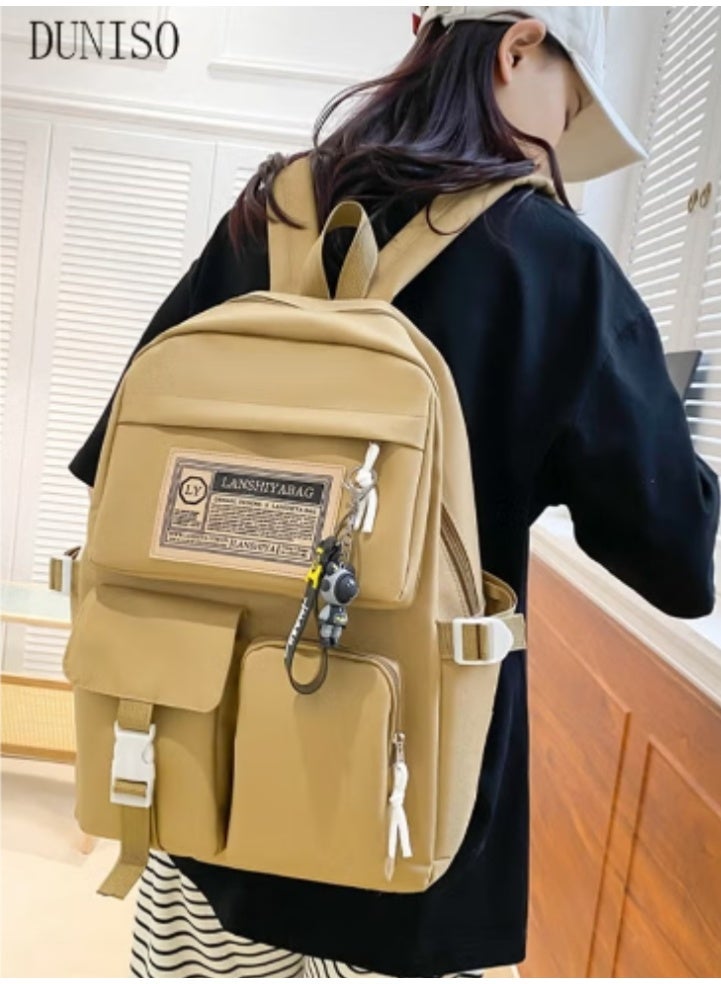 DUNISO Khaki - Colored Minimalist Schoolbag Multi - Piece Set | Solid - Color Design, Practical and Versatile - Image 2