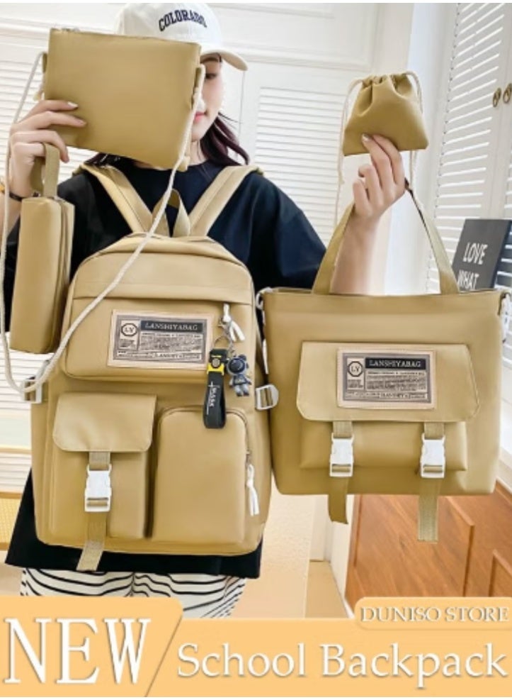 DUNISO Khaki - Colored Minimalist Schoolbag Multi - Piece Set | Solid - Color Design, Practical and Versatile - Image 1