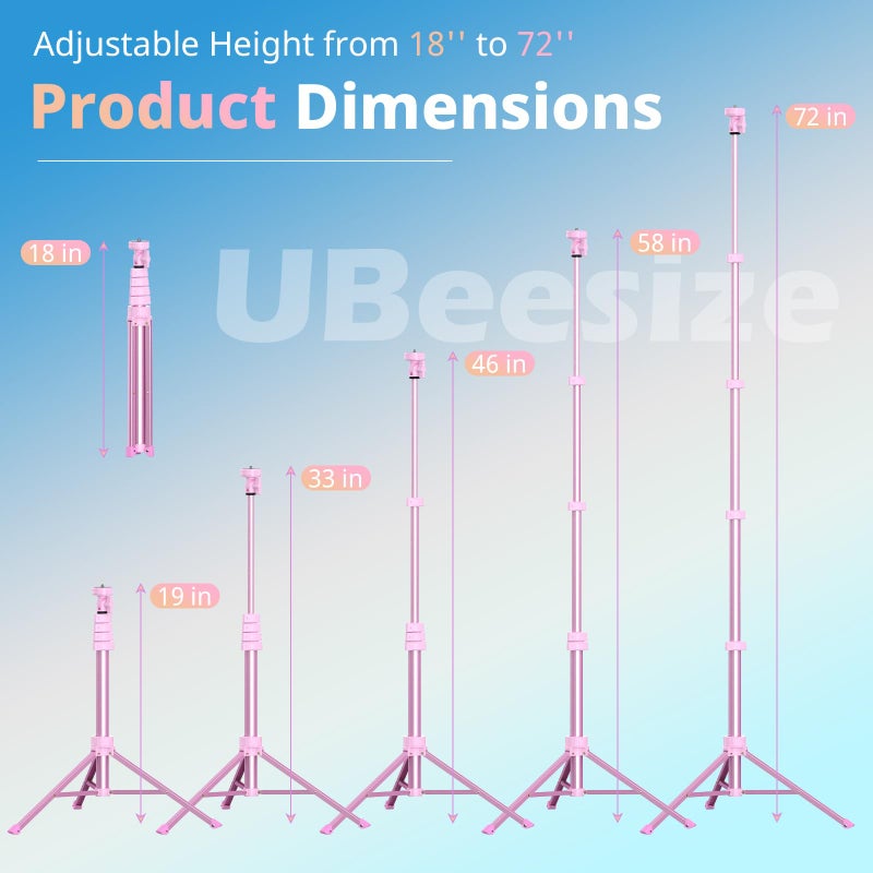 UBeesize 72" Phone Tripod & Selfie Stick, Camera Tripods Stand with Wireless Remote and Phone Holder,Compatible with iPhone Android Phone, Perfect for Selfies/Video Recording/Live Streaming Pink - Image 2