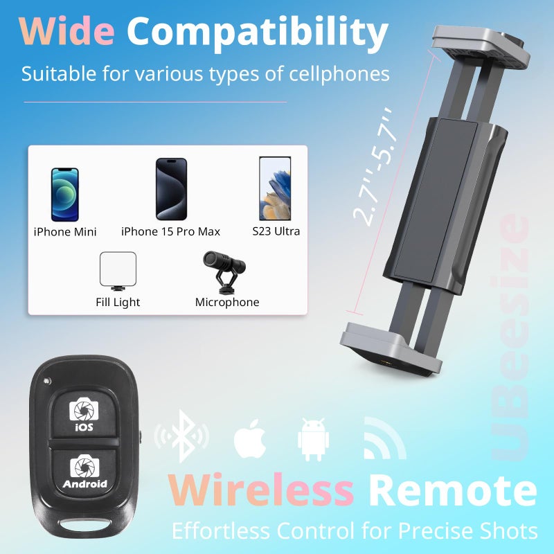 UBeesize 72" Phone Tripod & Selfie Stick, Camera Tripods Stand with Wireless Remote and Phone Holder,Compatible with iPhone Android Phone, Perfect for Selfies/Video Recording/Live Streaming Pink - Image 3