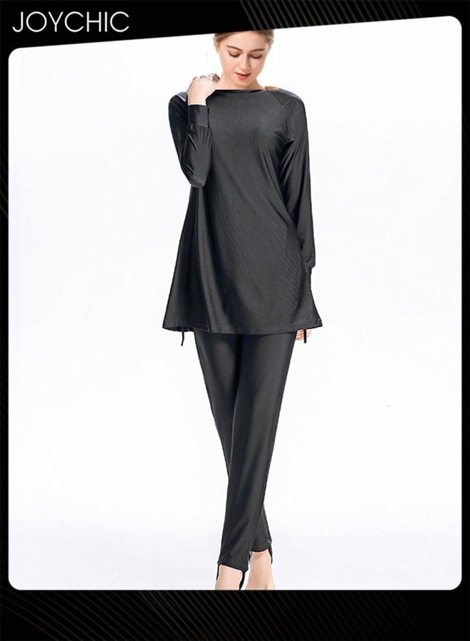 Joychic 2-piece Solid Color Muslim Women Conservative Swimwear Set Long Sleeve Comfortable and Sun Protection Beach Wear Summer Lightweight Swimsuit Black  - Image 1