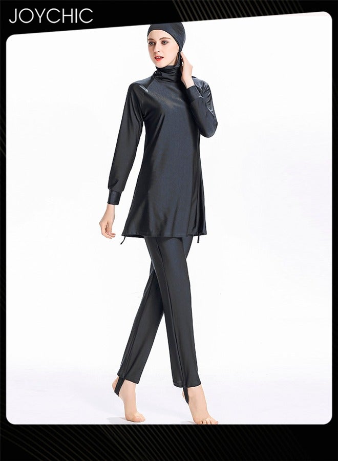 Joychic 2-piece Solid Color Muslim Women Conservative Swimwear Set Long Sleeve Comfortable and Sun Protection Beach Wear Summer Lightweight Swimsuit Black  - Image 3