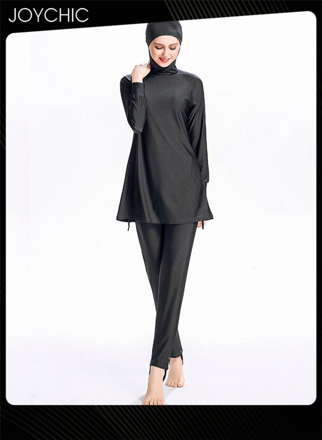 Joychic 2-piece Solid Color Muslim Women Conservative Swimwear Set Long Sleeve Comfortable and Sun Protection Beach Wear Summer Lightweight Swimsuit Black  - Image 5